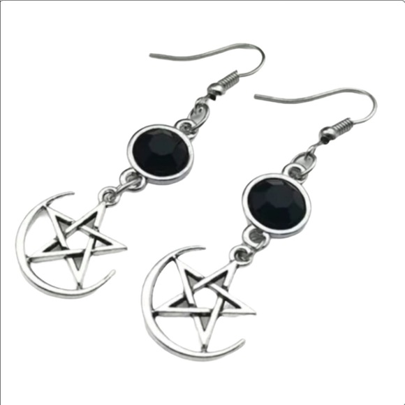 Jewelry - Black Rhinestone Moon Star & Pentagram Earrings